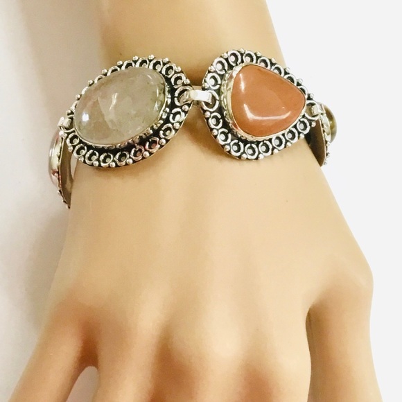 Five BIG Gemstones Bracelet Moss Agate Sandstone Quartz Tiger’s Eye 8” Boho - Picture 3 of 11